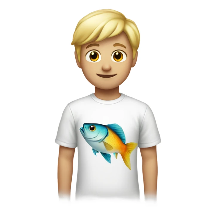 blonde boy wearing white t shirt with fish on it sticker