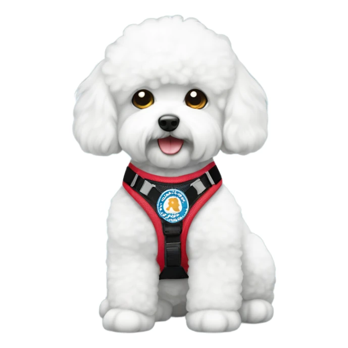 A cute Bichon wearing a service dog harness sticker