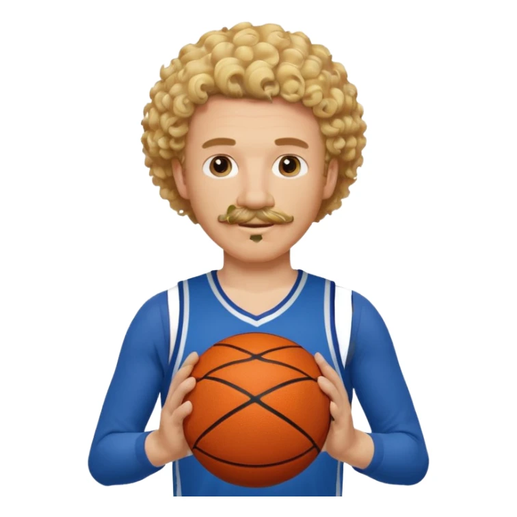 white blonde curly hair man basketball player blue jersey with mustache holding basket ball sticker