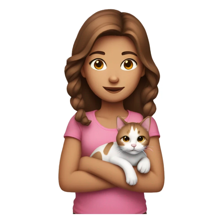 Girl with pink top and brown hair holding a cat sticker