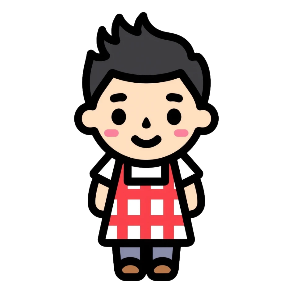 chubby boy with black hair styled upward in front, wearing a red and white checkered plaid apron sticker