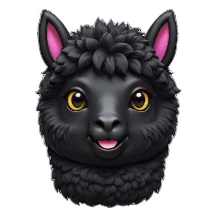Cinematic Comical Black Alpaca Portrait Emoji, Head tilted dramatically with an exaggeratedly amused expression, featuring a striking jet-black fleece with playful texture, wide, expressive dark eyes filled with playful disbelief, Simplified yet hilariously expressive features, highly detailed, glowing with a slightly sassy glow, high shine, dramatic yet playful, stylized with an air of cheeky mischief, bright and endearing, soft glowing outline, capturing the essence of a spirited and over-the-top alpaca, so meme-worthy it feels like it could side-eye its way into internet fame instantly! sticker