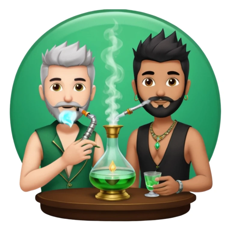 Brass hookah with green design on a glass water base on the top; with two smoke pipes where people are holding them and smoking - one white guy with spikes (silver and black hair) and another Tamil handsome with little beard Indian guy sticker