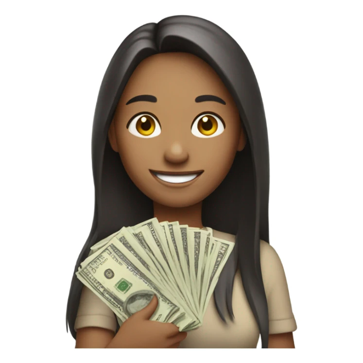 smiling girl with long hair holding cash sticker