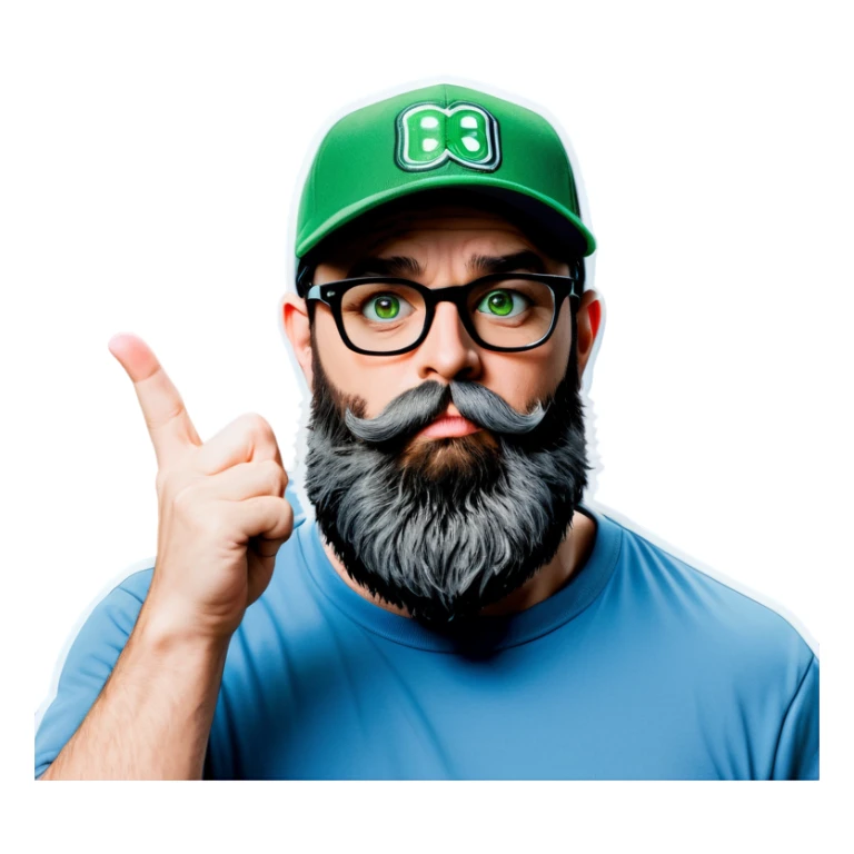 A bold man with a grey baseball cap, green eyes, big beard and glasses blows a kiss sticker