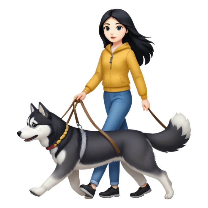 A girl with long black hair walks a husky sticker
