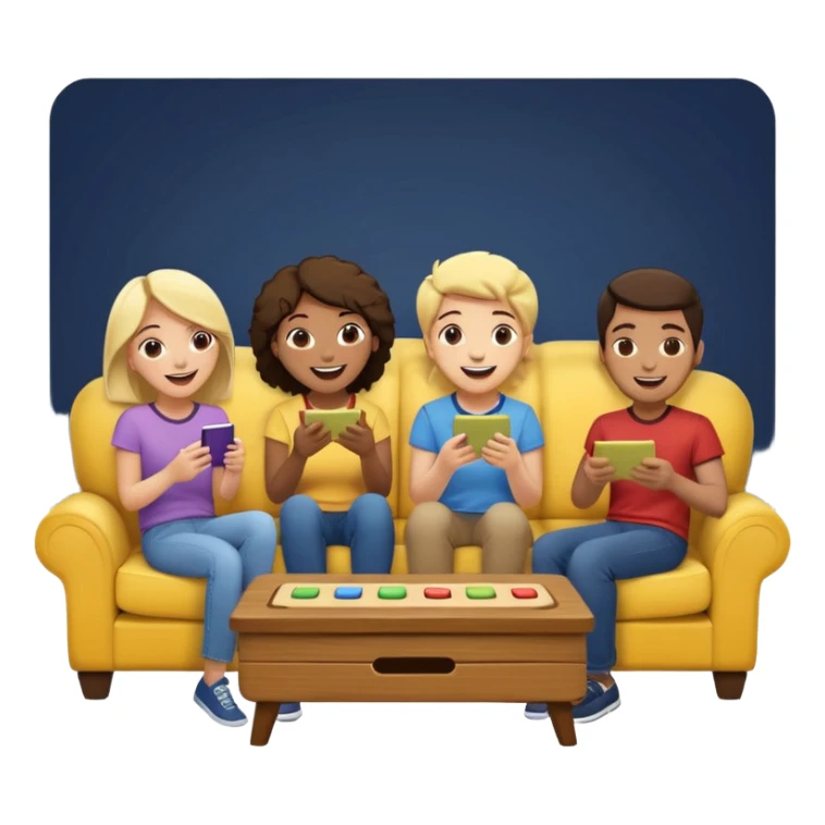 group of friends on couch playing a trivia game couch should be deep dark yellow color.  include a small wooden table in front of the couch as well sticker