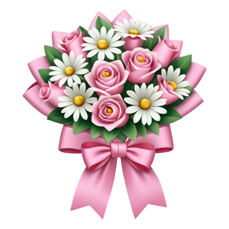 A bouquet of white and pink flowers rapped in a pink bow sticker