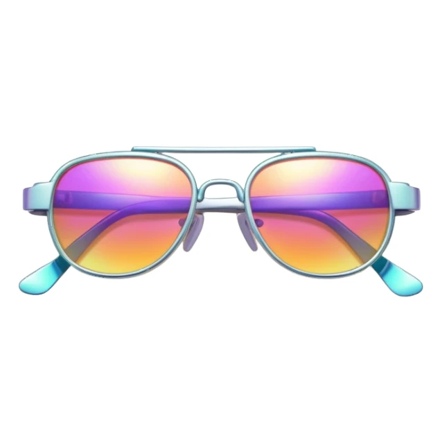 Colorful Y2K glasses with metallic frame, iridescent lenses, futuristic 2000s style sunglasses with digital vibes sticker