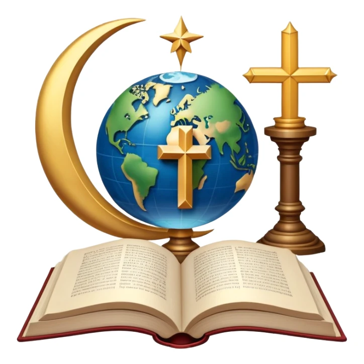 An icon featuring religious symbols like a cross, crescent moon, and star, alongside an open book, symbolizing the study of religion. The design includes a globe and a temple in the background, representing global faith traditions and spiritual exploration. Transparent background sticker