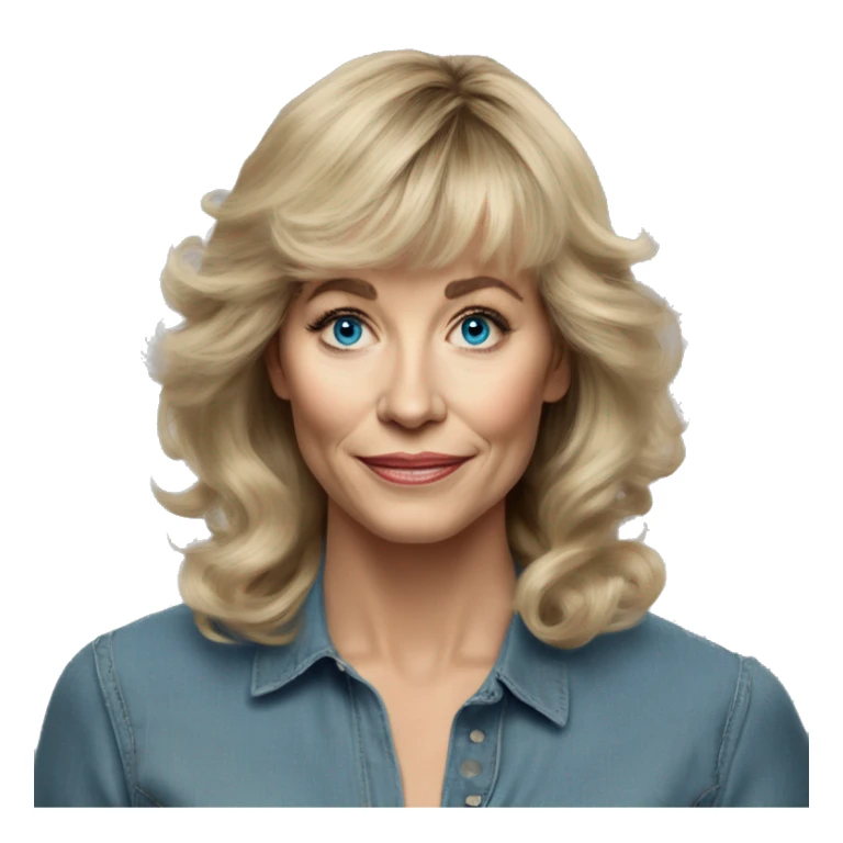 Medium length Dirty blonde poofy hair with bangs all across forehead and sides swept away from face woman of 60 with blue eyes  sticker