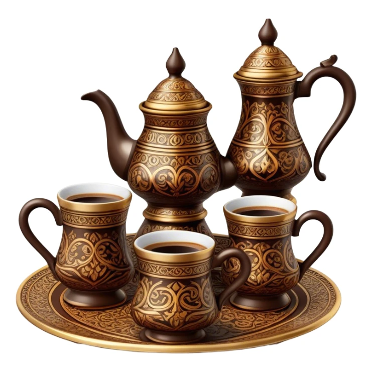 Turkish Coffee Set – Cinematic Realistic Turkish Coffee Set, depicted as an elegantly arranged ensemble of ornate coffee cups and a traditional cezve pot, adorned with intricate patterns and rich, warm colors, rendered with detailed textures and soft ambient lighting that captures its cultural heritage. sticker