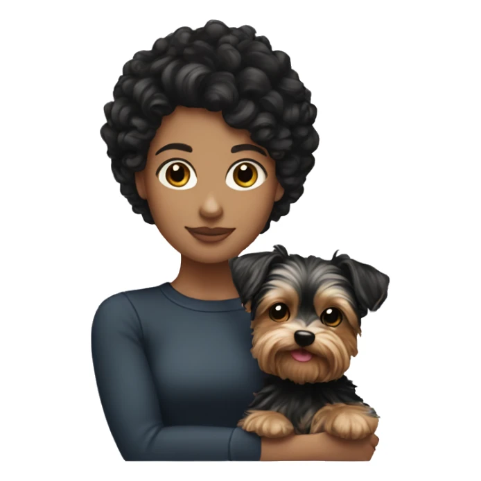 White girl with curly black hair holding Yorkie  sticker