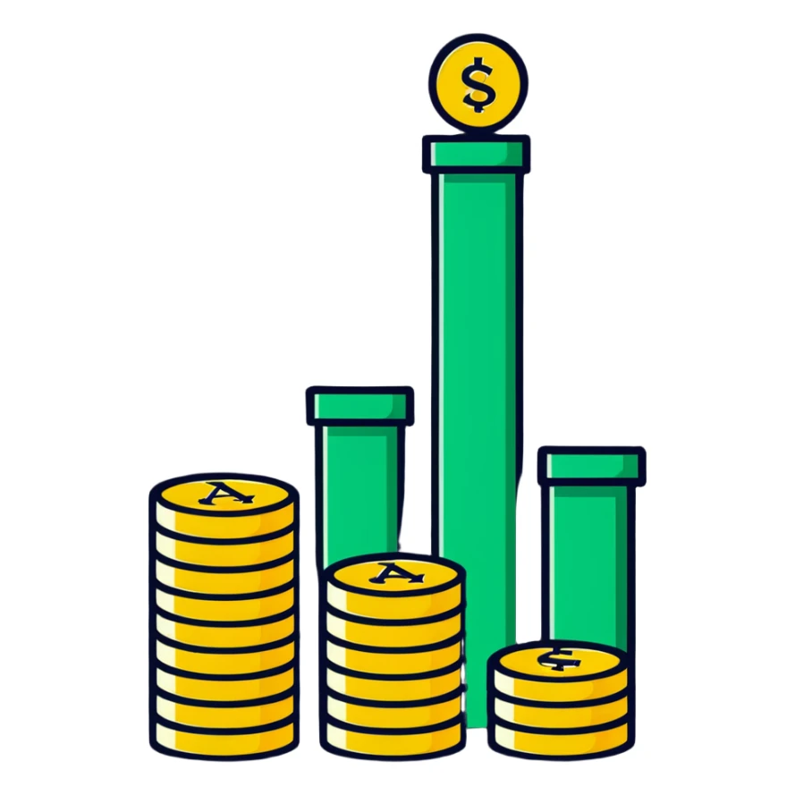 green upward arrow next to three stacks of gold coins in ascending height sticker