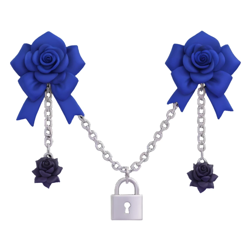 gothic earrings with midnight blue velvet bows, silver chained lock charms, black rose accents, elegant and gothic, matching the choker sticker