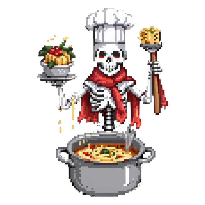 Papyrus from Undertale cooking spaghetti, tall skeleton with red scarf and white armor, enthusiastically stirring pasta in a pot, chef hat sticker