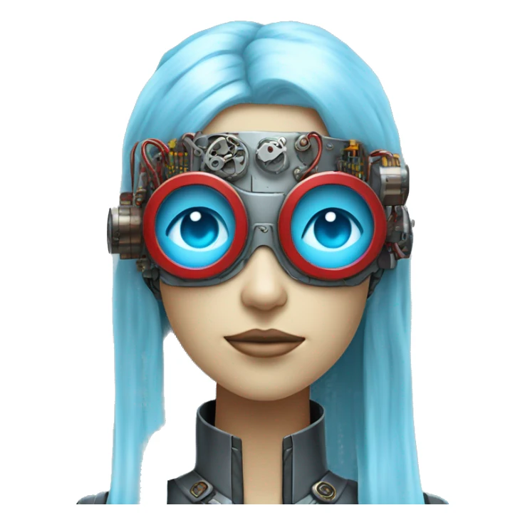 Light blue long hair female cyborg head with red steampunk goggles and circuits sticker
