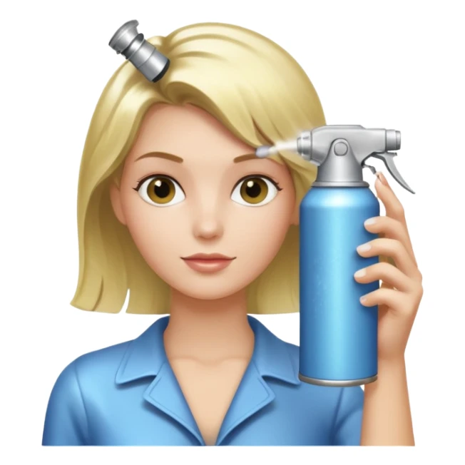 In her hand - a classic aerosol hairspray can (metallic cylinder, small spray nozzle on top). The can is spraying fine mist particles toward her hair, clearly visible as light translucent spray cloud. sticker