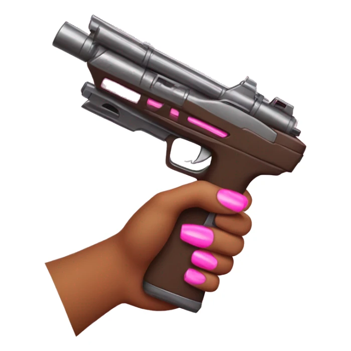 brown hand with pink nails holding large scary dark nerf gun sticker