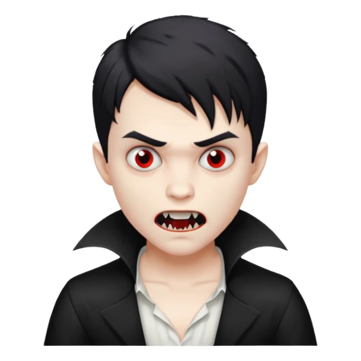 vampire boy, black edgar cut hair, white shirt, creepy expression sticker