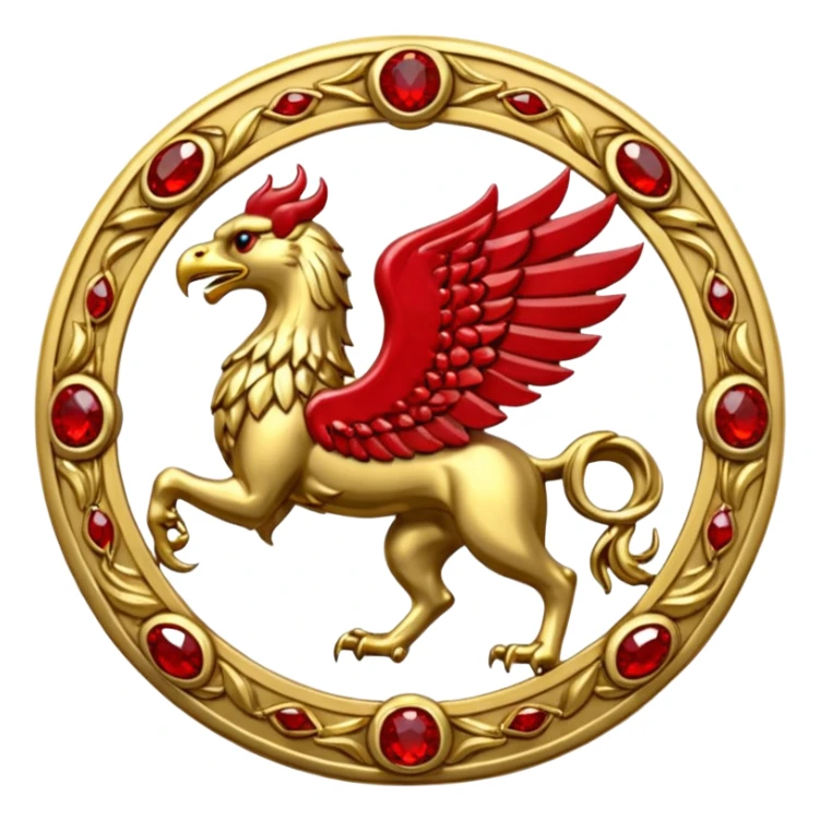 Golden griffin crest / brosch in a circle with red gems and no background sticker