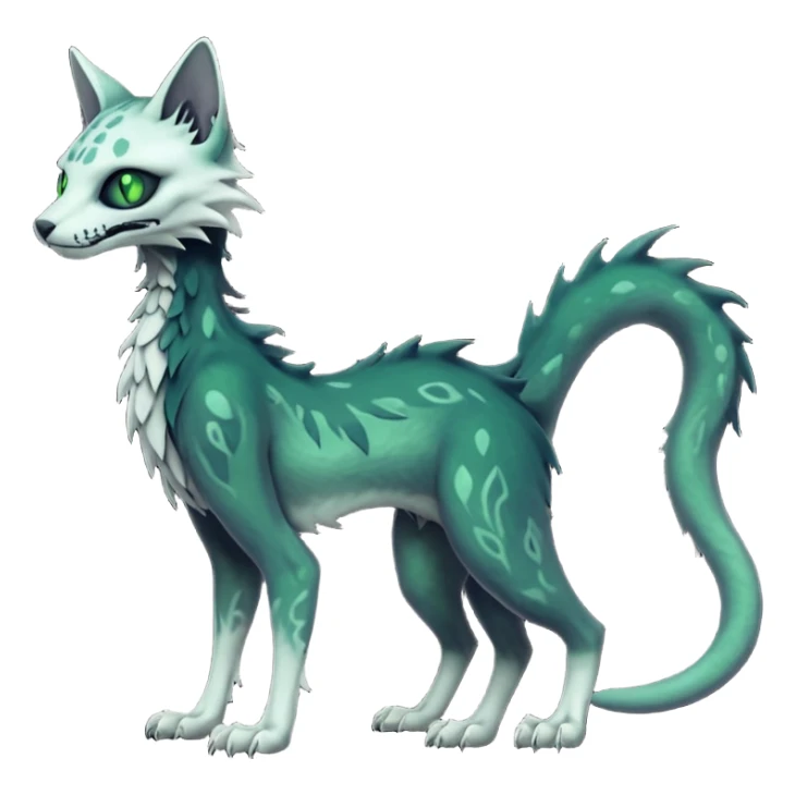 Macabre spectral spooky dark bleak blackish swampy white-skeletal gloomy ghostly dark greyish dark-deep-greenish foggy eldritch beautiful realistic edgy fantasy ghoul-like stitched feline-vernid-sergal-fursona animal creature with a tufted tail full body with intricate markings  sticker
