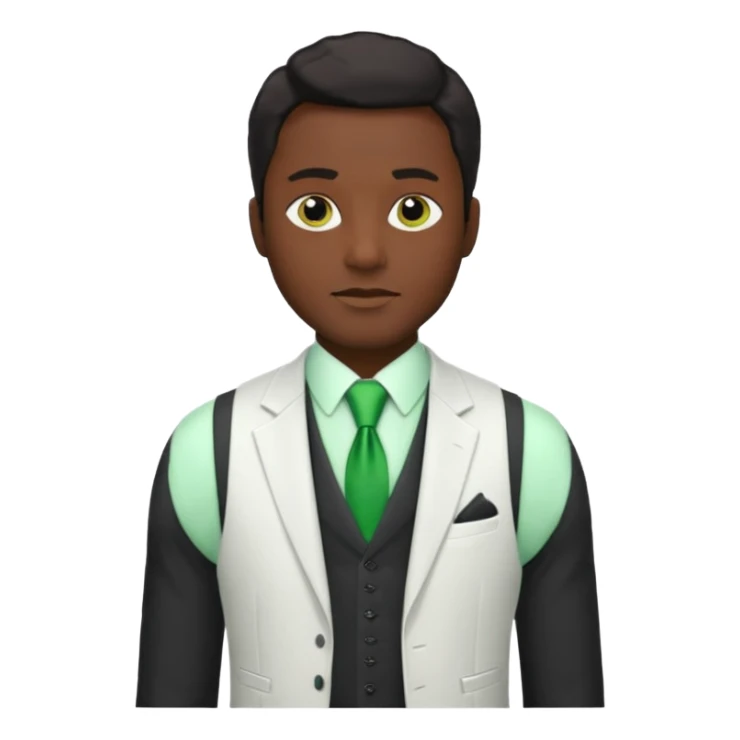 businessman, black skin, white suit vest, green tie sticker