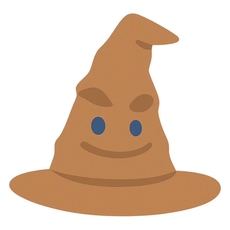 Hogwarts hat with expressive eyes and smiling mouth, in Color Filled style with sharp shadows and highlights, transparent background. sticker