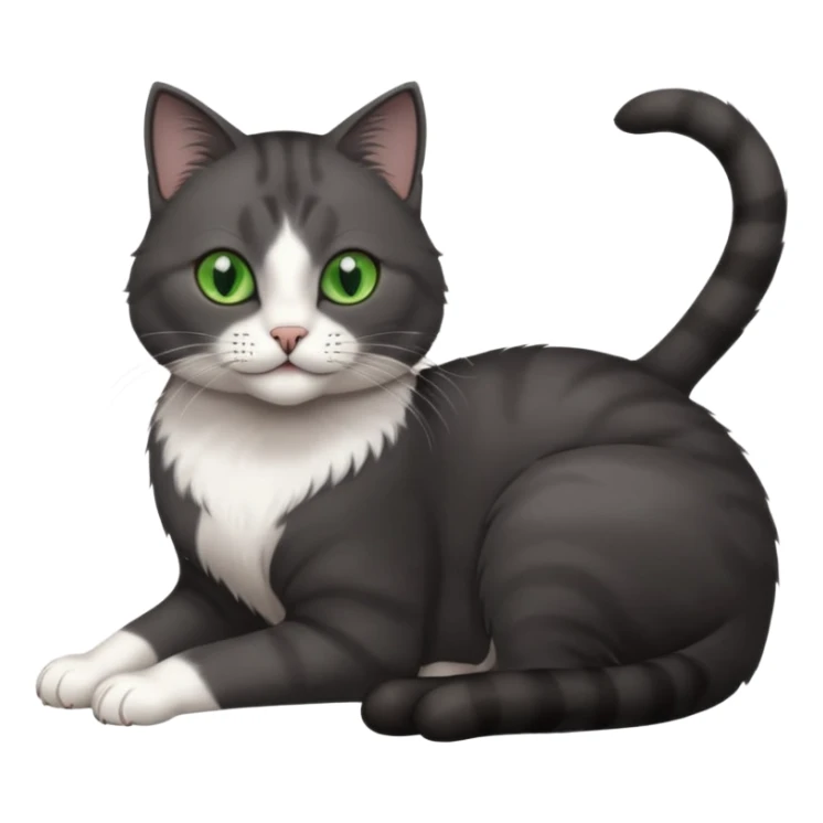 beautiful female solid dark grey cat with green eyes, white toes/paws and white patch on her chest rolling over sticker