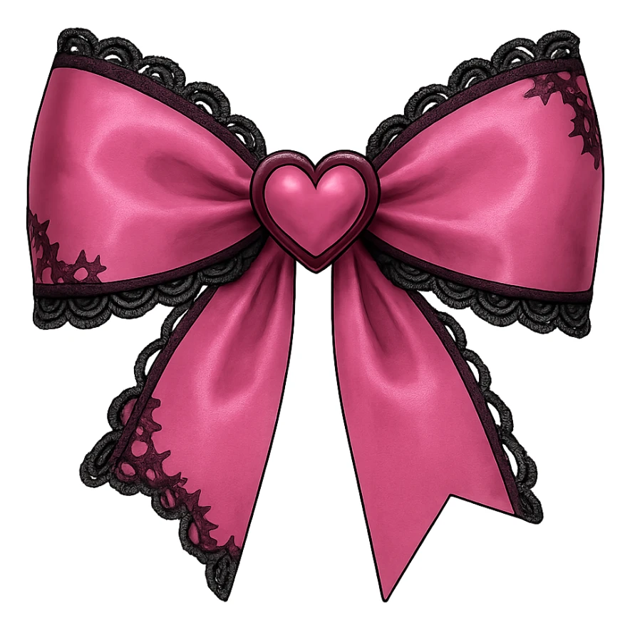 pink gothic bow with black lace trim and heart charm, remove background sticker