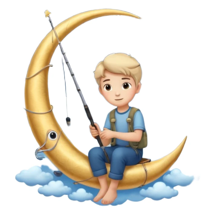 A dreamy night sky with a crescent moon. A boy sits on the moon holding a fishing rod, surrounded by soft clouds and stars. Magical and peaceful atmosphere. sticker