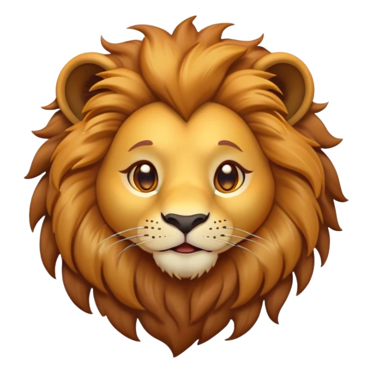 Cinematic Cute Lion Portrait Emoji, Head tilted playfully and inquisitively, featuring a glossy tawny Fur with a lush mane and round, sparkling amber eyes filled with curious mischief, Simplified yet irresistibly adorable features, highly detailed, glowing with a warm, friendly glow, high shine, affectionate and spirited, stylized with a touch of jungle whimsy, bright and endearing, soft glowing outline, capturing the essence of a mischievous yet loving lion, so playful it feels like it could pounce out of the screen and into your arms! sticker