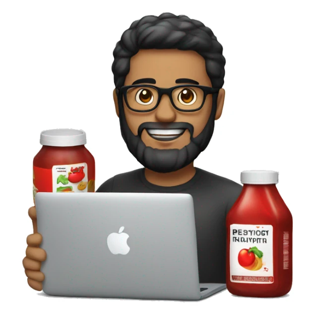 Designer with black hair, beard and glasses working with MacBook and ketchup bottle sticker