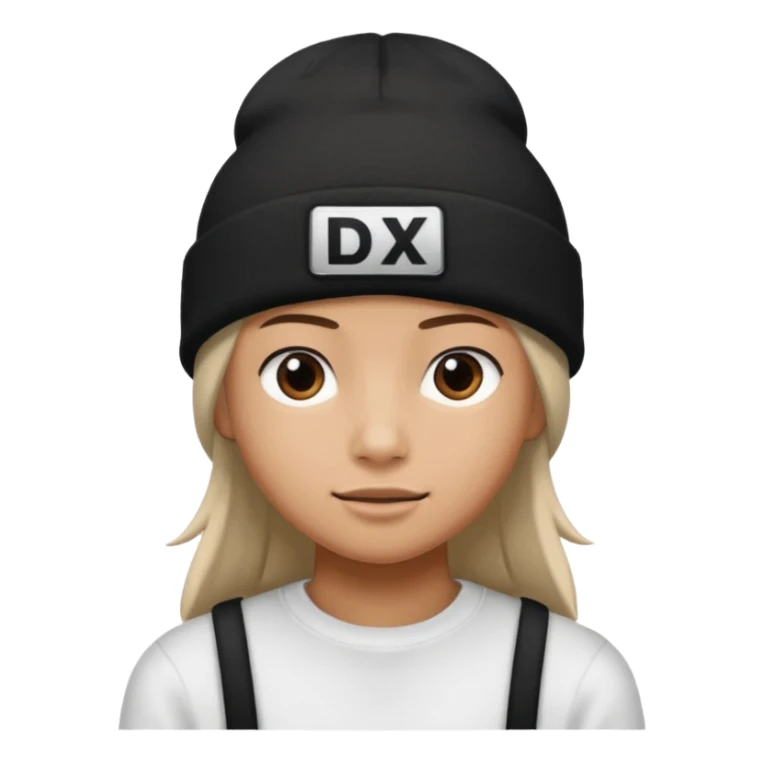 wearing a white beanie with an black square logo with the word "DX" written on it.

 sticker
