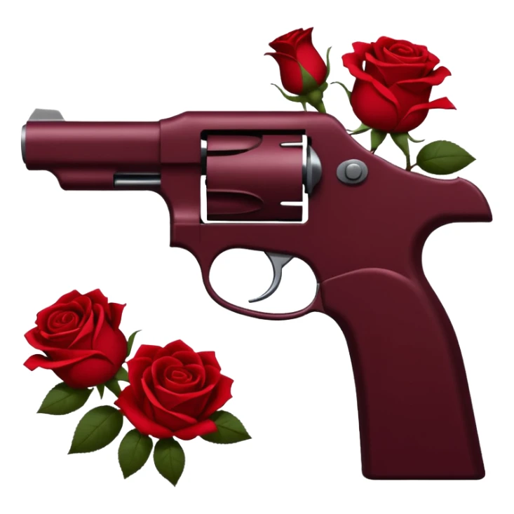 a pistol silhouette in deep wine red (#7A0F1E) with roses wrapped around it sticker