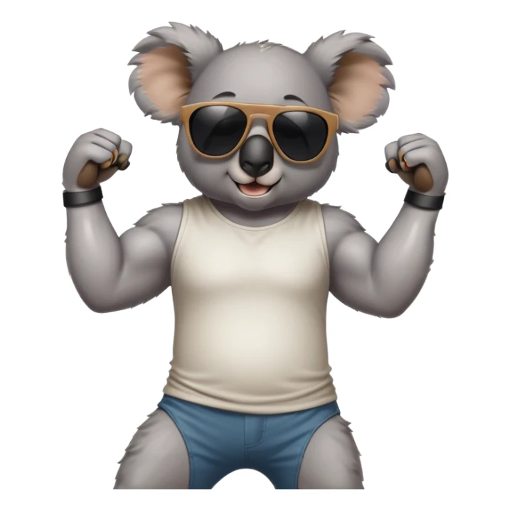 anthropomorphised koala in casual clothing, wearing dark sunglasses, flexing muscles, different pose sticker