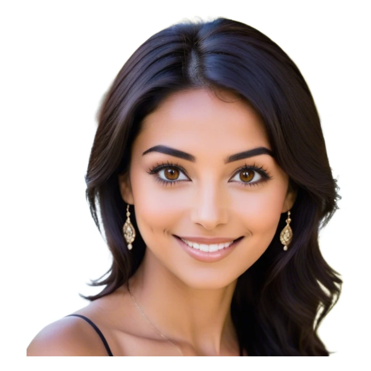 Her dark chocolate hair falls in almost unnoticeable waves, framing her deep brown eyes, which shine with warmth and sincerity. Long, dark lashes accentuate their gentle depth, while naturally arched black eyebrows give her gaze a touch of quiet confidence. Her full smile brightens her face, revealing a hint of  just a dimple. A bit of delicate jewelry catches the light, adding to her effortless charm. sticker