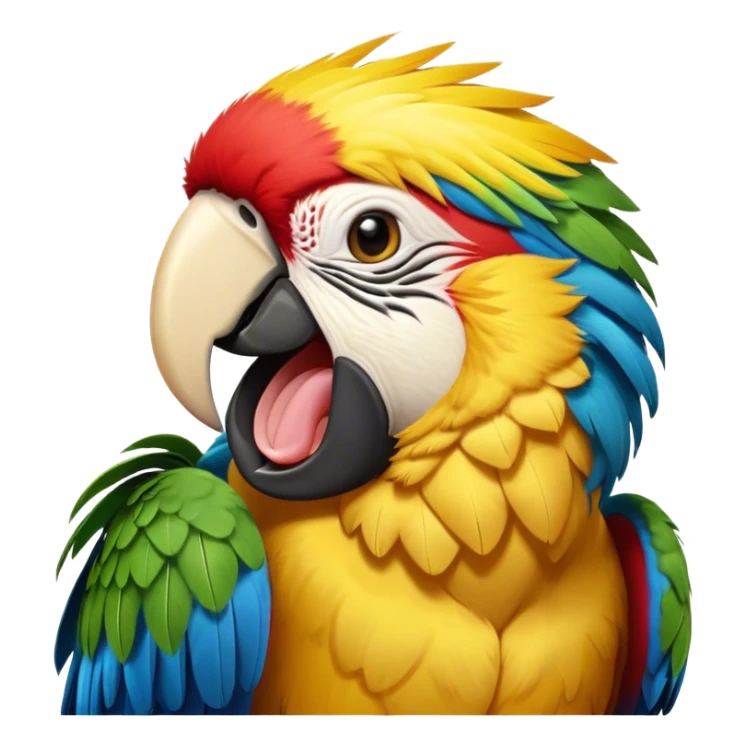 Cinematic Cute Yawning Macaw Portrait Emoji, Head tilted slightly with a dramatic, wide-open yawn, showcasing resplendent feathers and sleepy, half-closed eyes brimming with relaxed elegance, Simplified yet irresistibly adorable features, highly detailed, glowing with a soft, cozy tropical glow, high shine, relaxed yet expressive, stylized with a hint of whimsical charm, soft glowing outline, capturing the essence of a drowsy yet affectionate macaw that appears ready to stretch out for a nap! sticker
