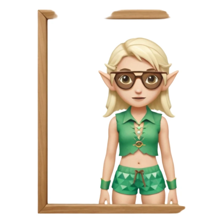 elf female legolas portrait, patterned board shorts (geometric/abstract), unique wooden-framed sunglasses, undercut hairstyle, slight smirk, visible pointy ears, no background, centered emoji, hipster summer vibe sticker