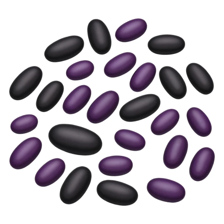 black beans, scatter or mound, shiny oval, smooth, deep black to dark purple, slightly curved, natural sheen, subtle texture, no plate, dish, packaging, or faces, clean 3D, soft shadows, transparent background, emoji scale sticker