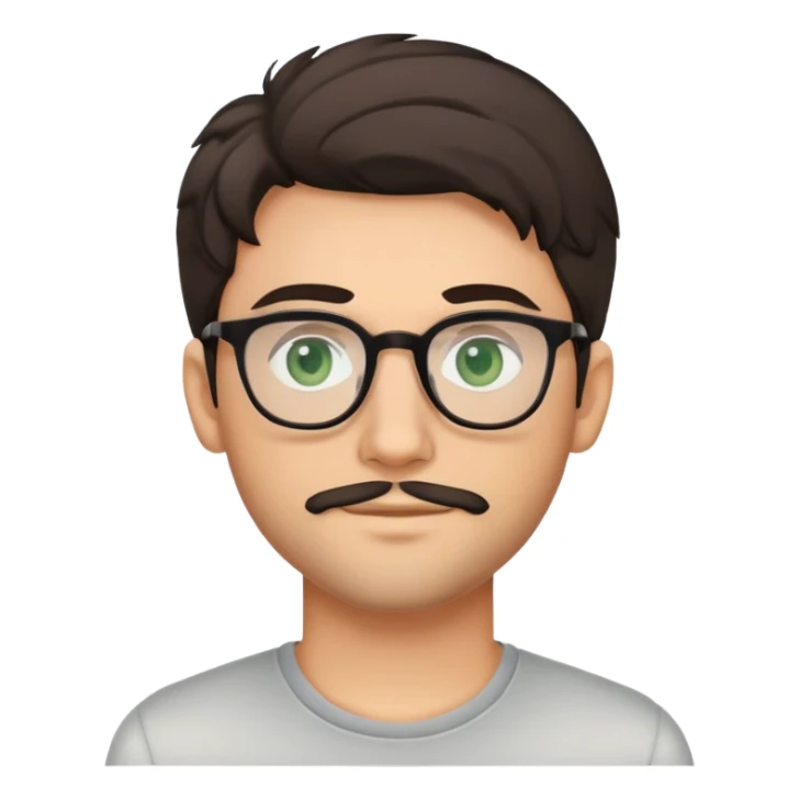 young man with dark poofier slightly curled hair wearing glasses with green eyes and very light stubble, minimal facial hair, with a slight smile sticker