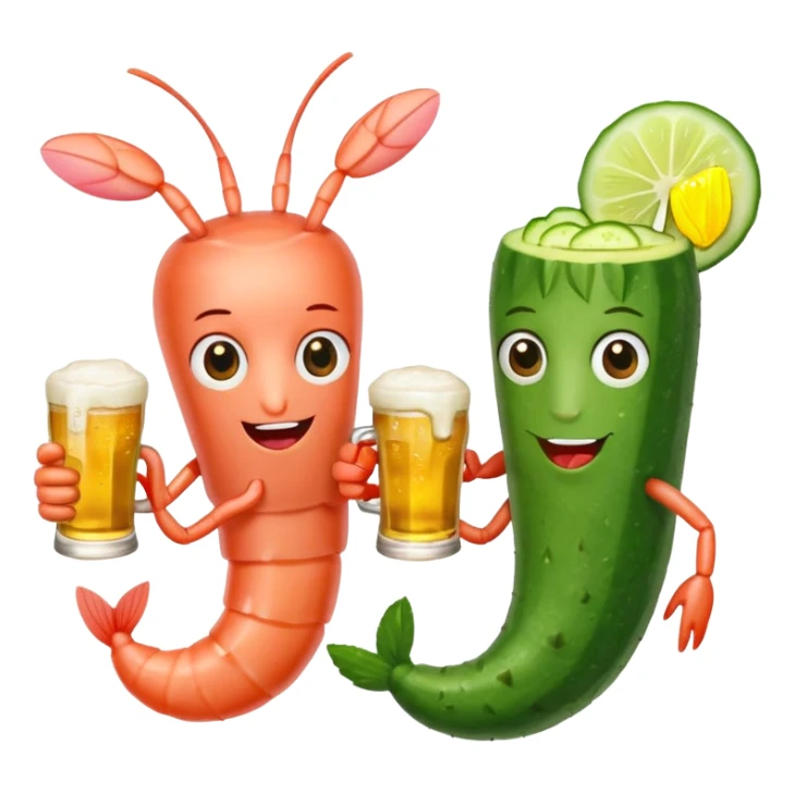 Create a modern emoji-style illustration of two shrimp characters, friendly and cool, slightly cartoon but stylish, not childish.
They are toasting (‘salud’), one shrimp holding a beer mug with aguachile topping, the other holding a fresh aguachile bowl with cucumber and chili.
  sticker