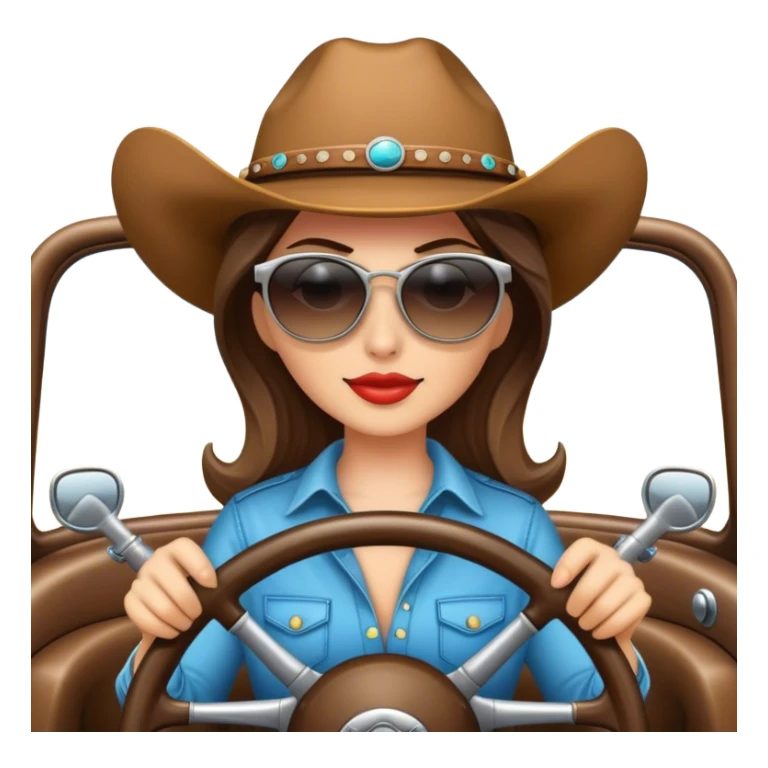 Cowgirl wearing sunglasses behind steering wheel sticker