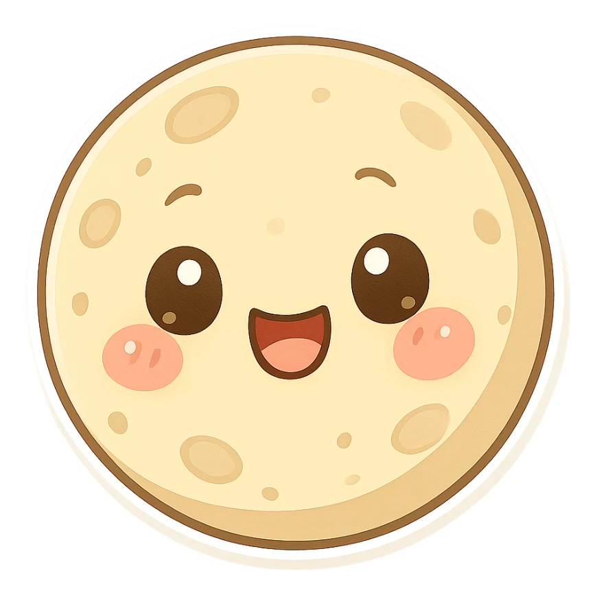 chibi sticker-style moon with a smiling face, cute and exaggerated sticker