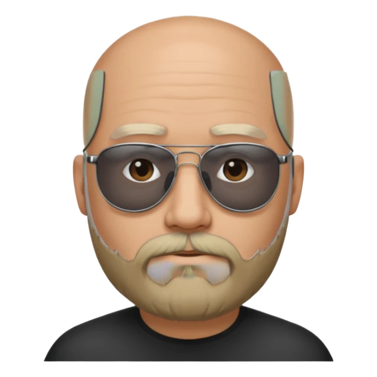 Bald man, wearing black opaque sunglasses, gray goatee beard sticker
