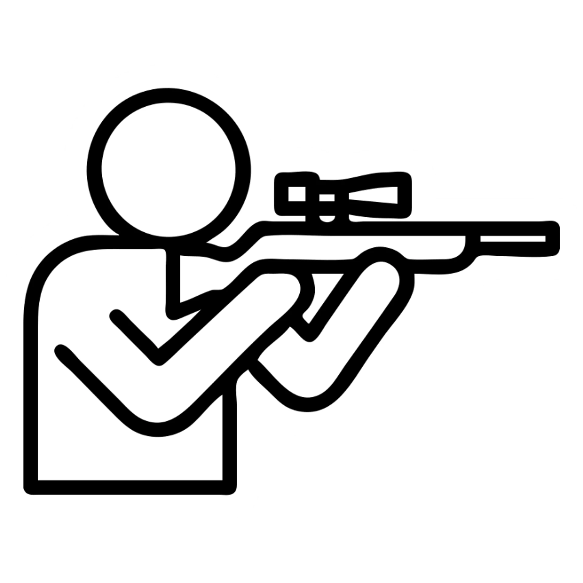 outlined icon style sniper, minimal details, holding a sniper rifle, black lines, no fill sticker