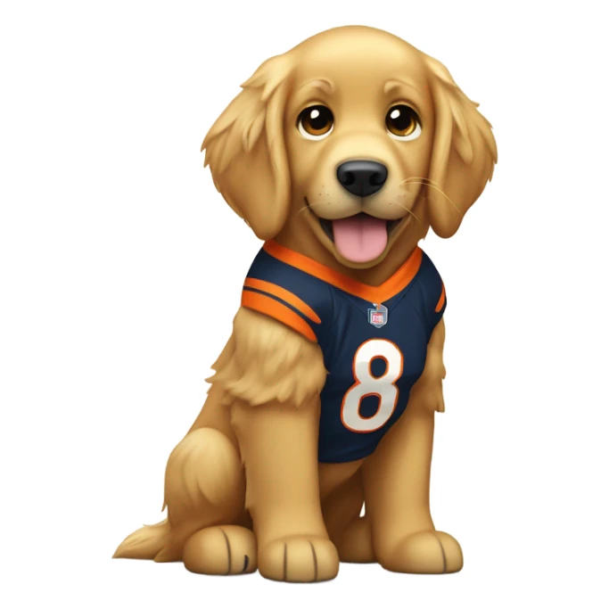 ￼ Golden Retriever wearing a Denver Broncos uniform sticker