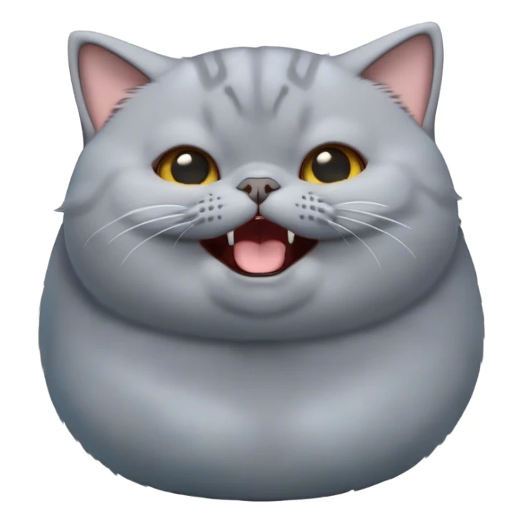 Cinematic Cute Chubby Grey British Shorthair Cat Portrait Emoji, Head tilted playfully and yawning, round and plump body with sleek soft grey fur and subtle blue undertones, Simplified yet adorable features, highly detailed, glowing with a warm, friendly glow, high shine, curious yet calm, stylized with a touch of whimsy, bright and endearing, soft glowing outline, capturing the essence of a mischievous yet loving and lazy kitty, so cute it feels like it could stretch out of the screen and cuddle! sticker