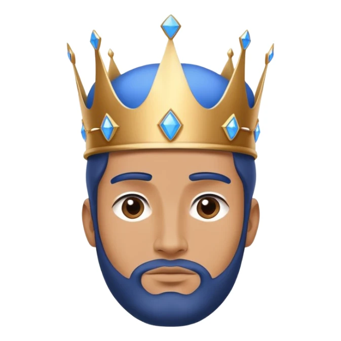 A man  wearing a large, simple blue crown that is bigger than his face. The crown has no details or gemstones, with a wide, smooth base. The design is clean and minimalistic. sticker