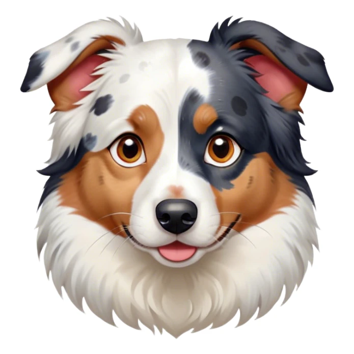 Cinematic Cute Calico Australian Shepherd Portrait Emoji, Head tilted playfully and inquisitively, predominantly white coat with patches of black, tan, and red calico merle markings, round, sparkling blue eyes filled with curiosity, Simplified yet irresistibly adorable features, highly detailed, glowing with a warm, friendly glow, high shine, affectionate and lively, stylized with a touch of whimsy, bright and endearing, soft glowing outline, capturing the essence of a mischievous yet loving pup, so playful it feels like it could bound out of the screen and into your arms! sticker